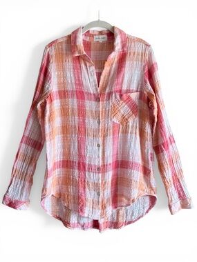 Bella Dahl Shirt Cotton Gauze Plaid Pink Orange White Button Front Women's M